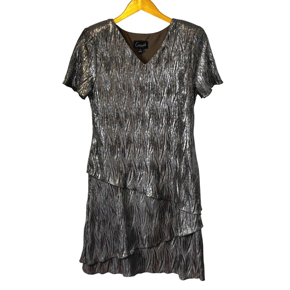 Connected Apparel Metallic Tiered Ruffle V Neck Short Sleeve Dress Size 6 Gatsby